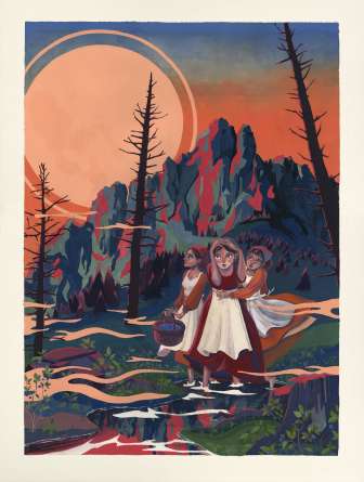 Illustrazione della leggenda "Le Tre sorelle" con tre giovani donne in costume tradizionale sullo sfondo di una montagna al tramonto - Leggende del Liechtenstein
