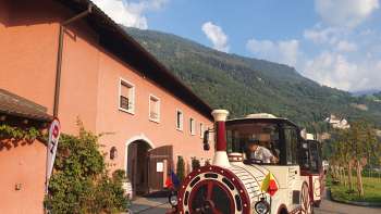 Trenino turistico  si trova davanti alla storica Hofkellerei di Vaduz, pronto per la partenza.