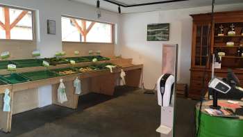 Area self-service del Birkahoflädile con tavoli di vendita vuoti e registratore di cassa verde - vendita sostenibile in fattoria nel Liechtenstein.