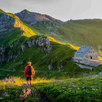 Un escursionista guarda il rifugio Pfälzerhütte nel Liechtenstein, circondato da un verde paesaggio montano e da un panorama alpino nella luce della sera