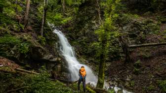 Escursionisti con zaino in spalla davanti a un'idilliaca cascata vicino a Nendeln, immersa in una fitta foresta e in rocce ricoperte di muschio.