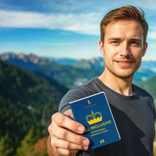 Uomo mostra il «Pass attrazioni TUTTO INCLUSO» con panorama montano sullo sfondo