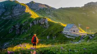 Un escursionista guarda il rifugio Pfälzerhütte nel Liechtenstein, circondato da un verde paesaggio montano e da un panorama alpino nella luce della sera