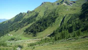 Verdi prati alpini e pendii boscosi intorno all'Alp Lawena in Liechtenstein in una limpida giornata estiva, con vista sulle montagne circostanti.
