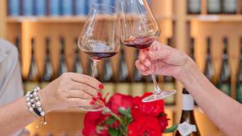 Due persone brindano con bicchieri di vino rosso nella Hofkellerei