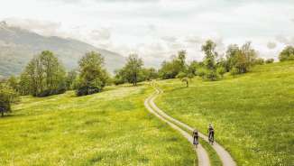 Due gravel biker su un sentiero tortuoso attraverso prati fioriti con vista panoramica sulle Alpi nel Liechtenstein - in bicicletta nella natura incontaminata