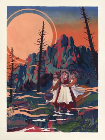 Illustrazione della leggenda "Le Tre sorelle" con tre giovani donne in costume tradizionale sullo sfondo di una montagna al tramonto - Leggende del Liechtenstein