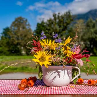 Un bouquet autunnale di fiori di campo in una tazza smaltata si trova su una tovaglia a scacchi rossi e bianchi, con le montagne del Liechtenstein sullo sfondo.