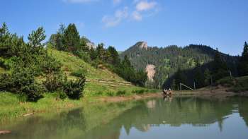 Un lago dove sono seduti due escursionisti, circondato da prati verdi e boschi, con le Alpi del Liechtenstein sullo sfondo.