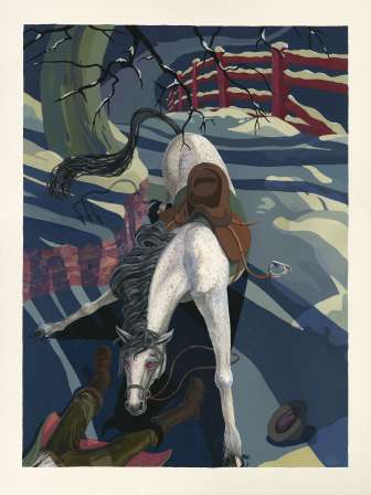 Illustrazione della leggenda del cavallo grigio di Lochgass: cavallo fantasma bianco con sguardo rosso e cavaliere nella neve - leggende del Liechtenstein in un'atmosfera cupa