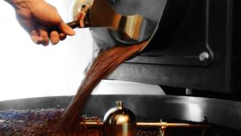 I chicchi di caffè appena tostati fluiscono da una macchina per la tostatura in un contenitore di raccolta.