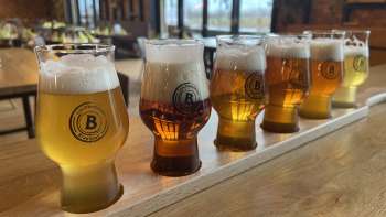Diversi tipi di birra in un set di degustazione su un tavolo di legno - dalla birra chiara a quella scura, servite in eleganti bicchieri nella Liechtensteiner Braustube