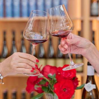 Due persone brindano con bicchieri di vino rosso nella Hofkellerei
