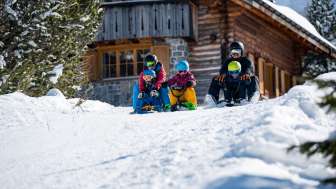 Slittino con bambini a Malbun Due adulti e tre bambini siedono sulle slitte e iniziano una discesa insieme davanti a una baita innevata a Malbun