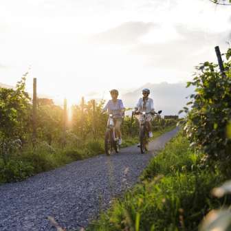 Due donne pedalano tra le vigne del Liechtenstein al tramonto - godendosi la natura e una vacanza attiva al crepuscolo