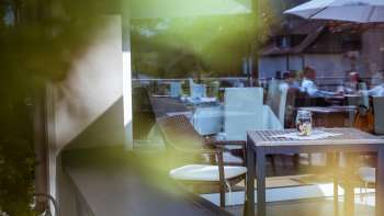 Primo piano di mobili da giardino, con luci soffuse e ambienti verdi