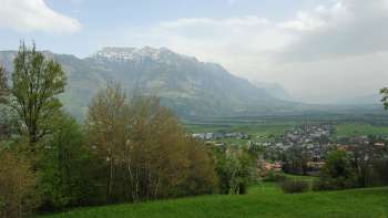 Vista dall'Eschnerberg sulla valle del Reno con prati verdi, alberi primaverili e l'imponente panorama alpino del Liechtenstein - godetevi la natura e il panorama in Unterland (Bassa valle).