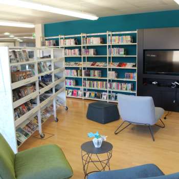 Accogliente angolo di lettura nella Biblioteca Nazionale del Liechtenstein con poltrone e parete multimediale tra alte librerie