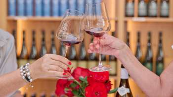 Due persone brindano con bicchieri di vino rosso nella Hofkellerei