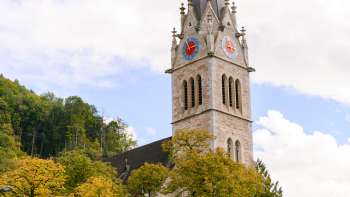 Veduta della torre della Cattedrale di San Florin con alberi in primo piano