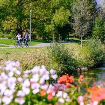 I ciclisti si godono il tempo soleggiato lungo le rive fiorite del Parco Naturale di Haberfeld.