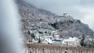 Vigneti e case innevate a Vaduz con vista sul castello di Vaduz in una giornata invernale