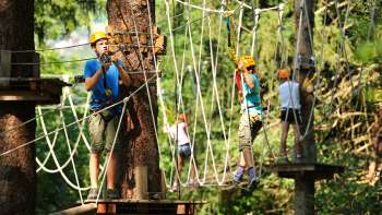 Bambini con casco e attrezzatura di sicurezza che attraversano un ponte sospeso nel parco di arrampicata su corde a fune Bambini con casco e attrezzatura di sicurezza che attraversano un ponte sospeso nel parco di arrampicata su corde a fune