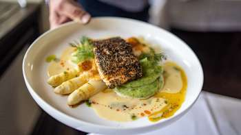 Primo piano di un piatto di asparagi con salsa cremosa servito su un piatto bianco nella Gaflei Stuba