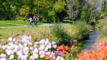 Ciclisti che percorrono un sentiero fiorito a Haberfeld Vaduz