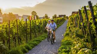 Due ciclisti nei vigneti del Liechtenstein al tramonto - tour in e-bike con vista sulle Alpi e sulle vigne