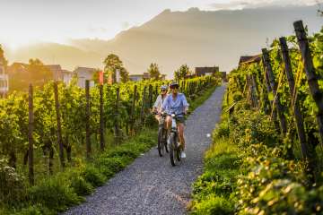Due ciclisti nei vigneti del Liechtenstein al tramonto - tour in e-bike con vista sulle Alpi e sulle vigne