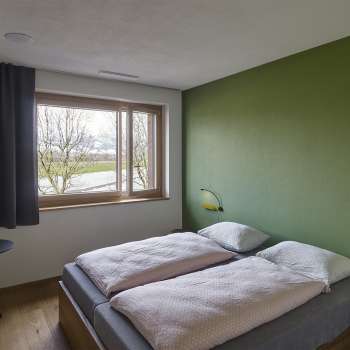 Camera doppia con parete dipinta di verde all'Ostello della Gioventù di Schaan/Vaduz