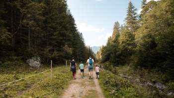 Una famiglia cammina lungo un ampio sentiero naturalistico attraverso un tratto di bosco in direzione dell'alpe Valüna